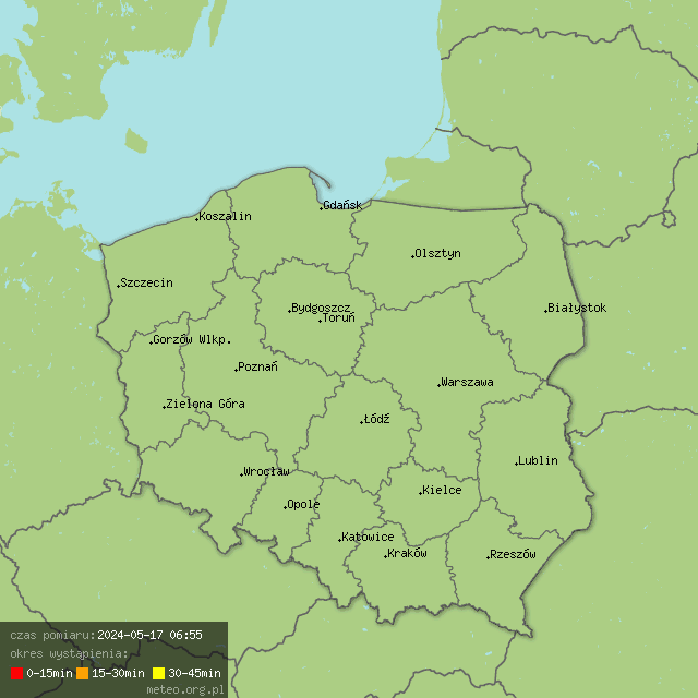 Burze - mapa wyładowań atmosferycznych na obszarze Polski